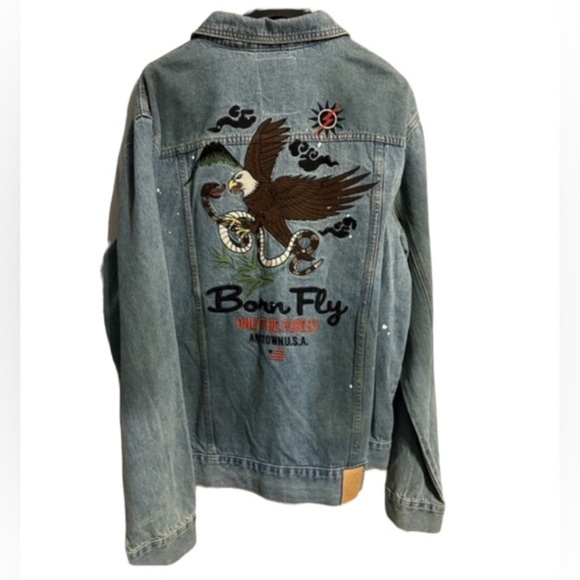 Born Fly Tint Wash Embroidered Jacket Denim Trucker Gadwall 2X Eagle New w Tags